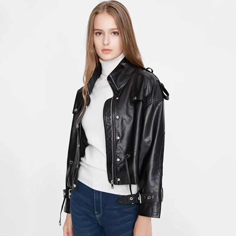 Женская мотоциклетная куртка TMODA295 черная из искусственной кожи на молнии