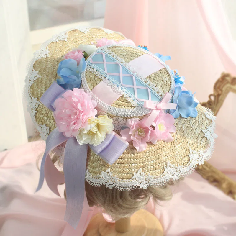 

Original Handmade Straw Hat Headdress Gorgeous Elegant Flower Flat Hat Girls Lace Trim Handwork Hair Ornaments Cosplay