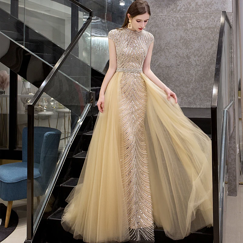 Винтажные вечерние платья с верхней юбкой высоким горлом кепки Короткие рукава