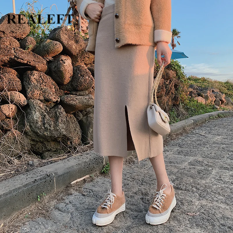 Женская шерстяная юбка карандаш REALEFT теплая Длинная вязаная с высокой талией и