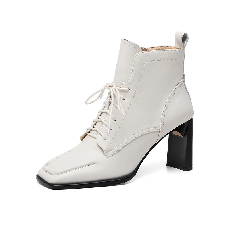 Jual Asumer Sepatu Kulit Asli Model Baru 2021 Sepatu Bot Wanita Dengan Tumit Persegi Berenda Untuk Musim Gugur Musim Dingin Warna Hitam