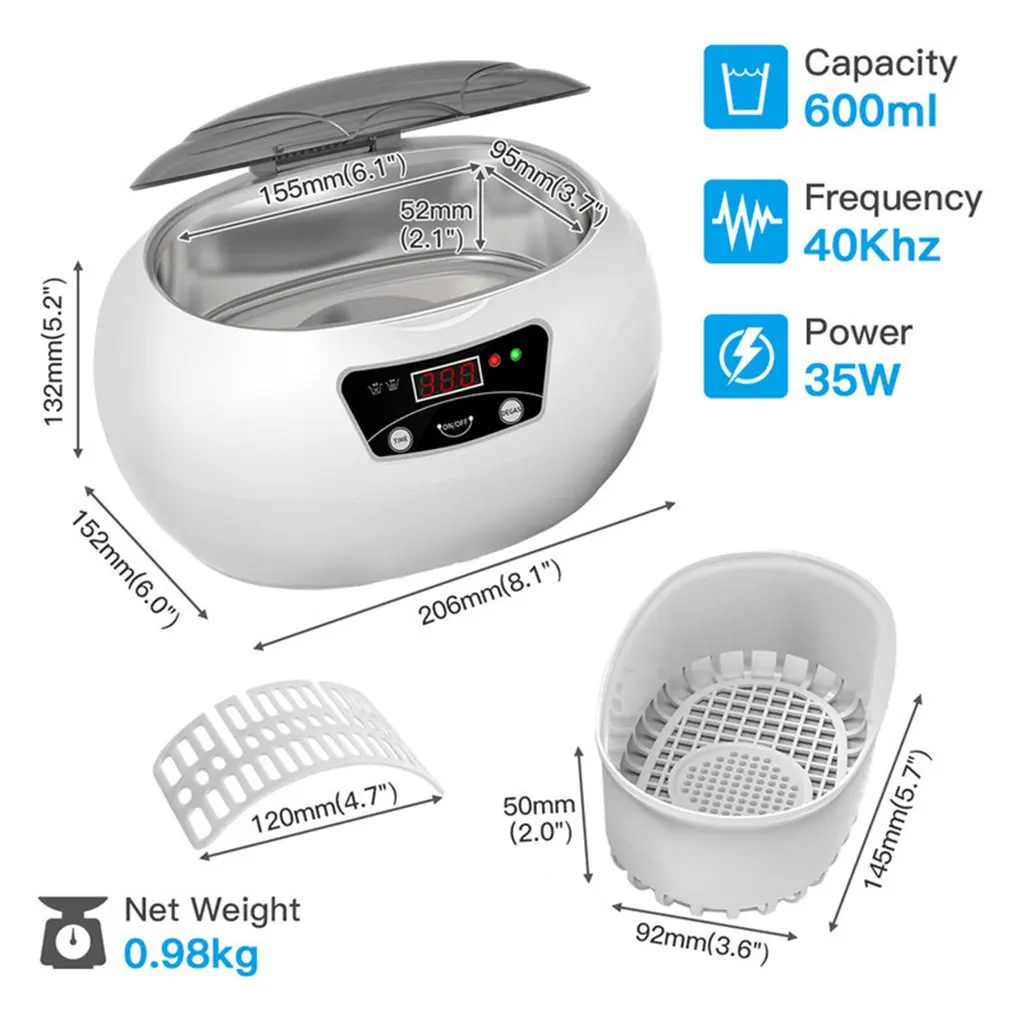 

600ml Ultrasonic Cleaner Bath Timer For Jewelry Parts Glasses Manicure Stones Cutters Razor Brush Ultrasound Sonic