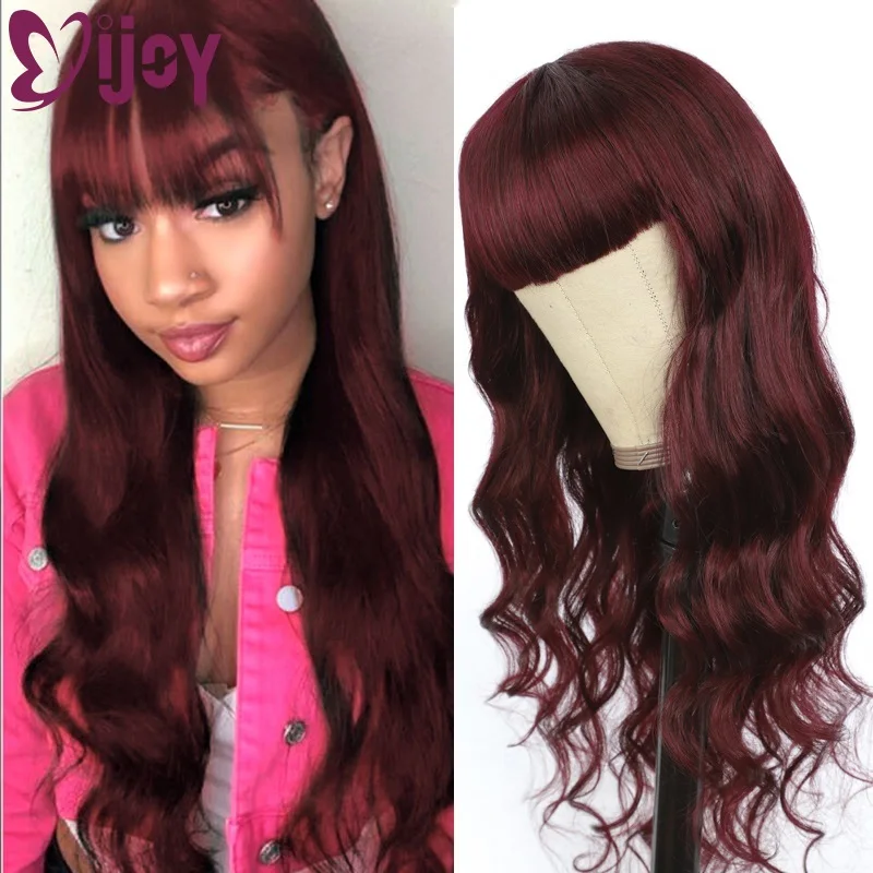 

99J/Burgundy Red Body Wave Human Hair Wigs With Bangs IJOY Brazilian Remy Hair Wig Full Machine Made Wig For Black Women