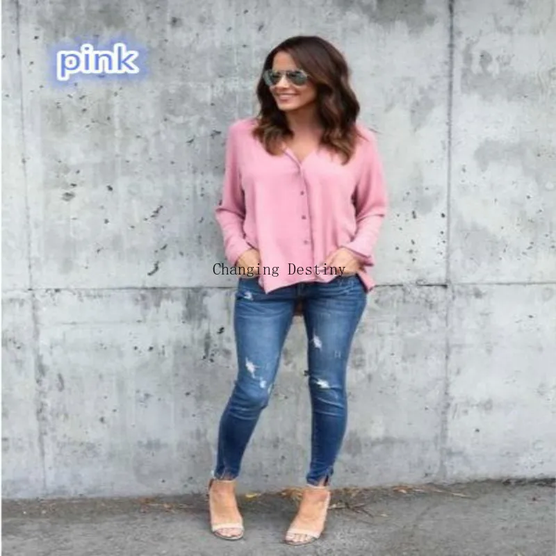 Женский шифоновый кардиган с V образным вырезом и длинным рукавом|Рубашки| |