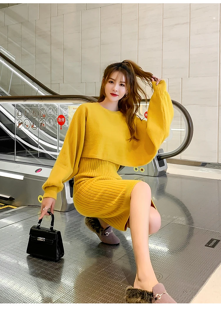 Осеннее платье OLN корейский vestidos Новое поступление Зимний трикотажный шерстяной костюм платье-свитер женский из двух предметов