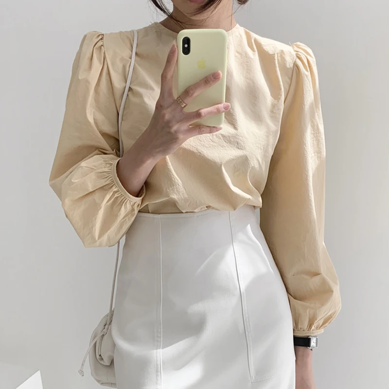 

Sexy Backless Bandage Long Puff Sleeve Shirt Solid Elegant O Neck Loose Women Blusas Korean Chic Blouse Spring Summer