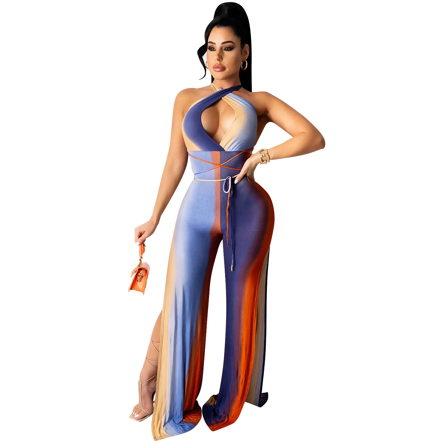 

Sexy Tie Dye Print Split Jumpsuits Women Street Contrast Hallow Cross Halter Rompers Sexy Club Backless Bandage Flare Overalls