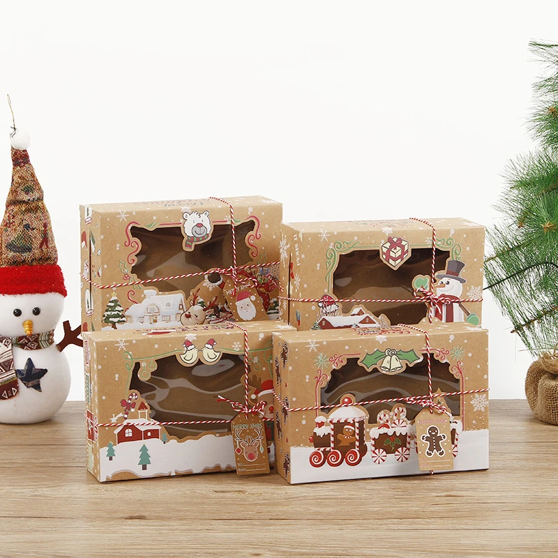 

12/24pcs Merry Christmas Kraft Paper Gift Boxes With Window Large Size Christmas Candy Cake Cookies Packaging Presents Box 2022