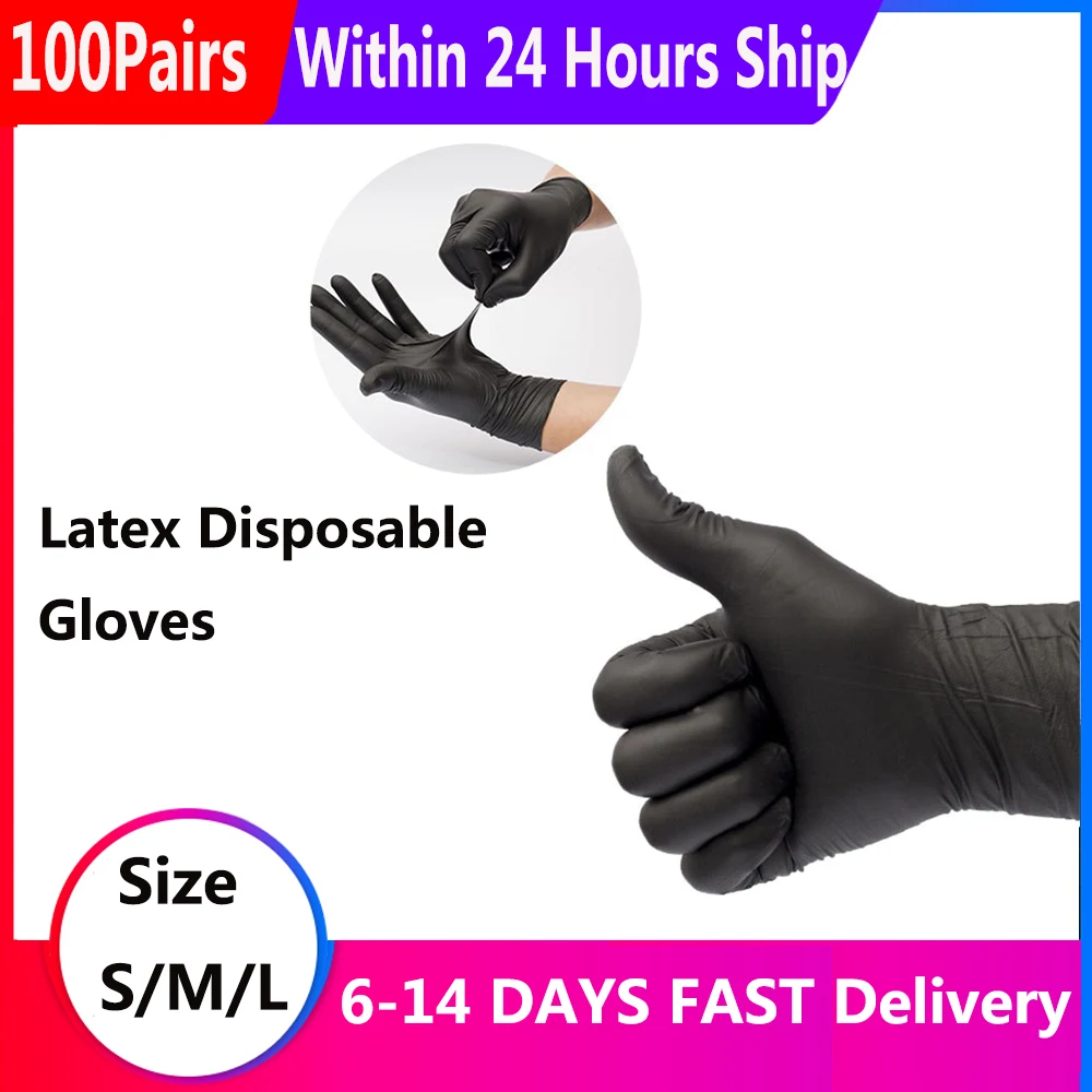 Быстрая доставка 100 шт. черные одноразовые латексные перчатки для домашней