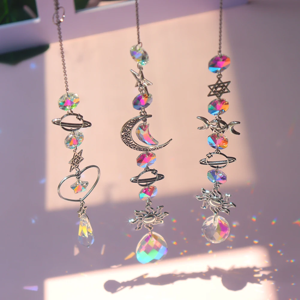 

Crystal Wind Chime Moon Sun Catcher Diamond Prisms Pendant Dream Catcher Rainbow Chaser Hanging Drop Home Garden Decor Windchime