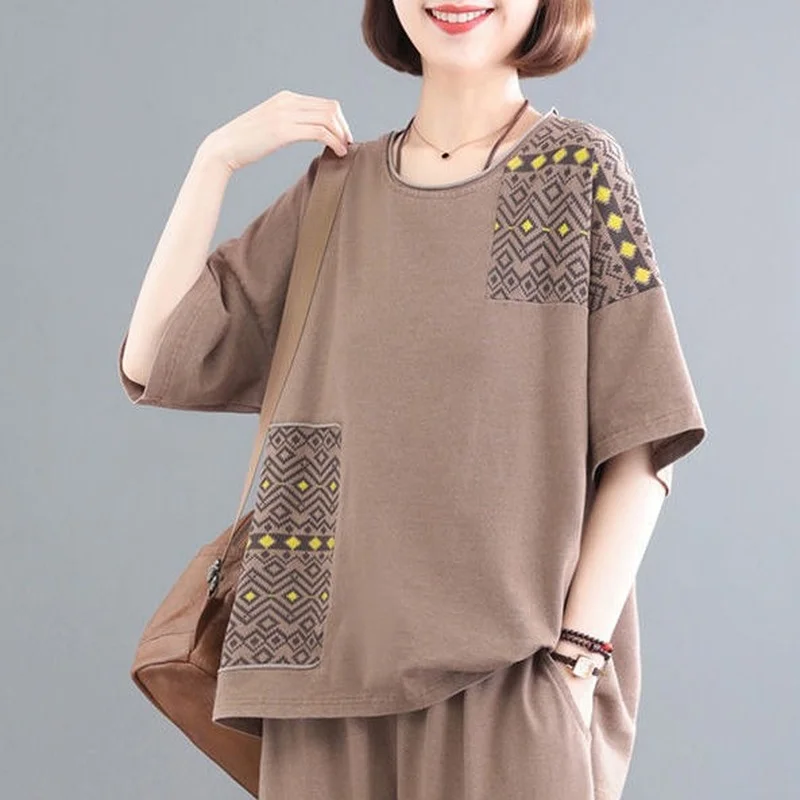 

2021 Summer New Women's Fashion Cotton Sports Two Piece Sets Short Sleeve Top + High Waisted Casual Pants Plus Size Suit X107
