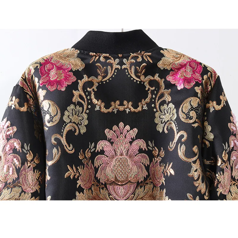 

Vintage Floral Embroidery Baseball Coat Beaded Flowers Bomber Jacket Women Autumn Zipper Long Sleeve Outwear Loose Jacket Female