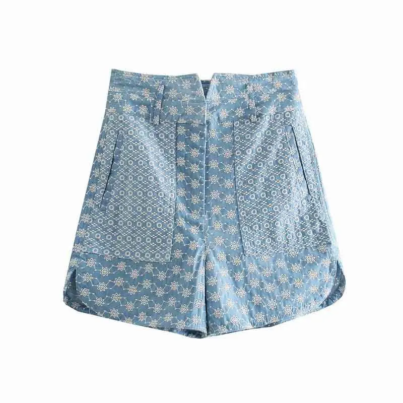 

2021 summer new women's European and American style V-neck flower embroidered shirt high waist shorts