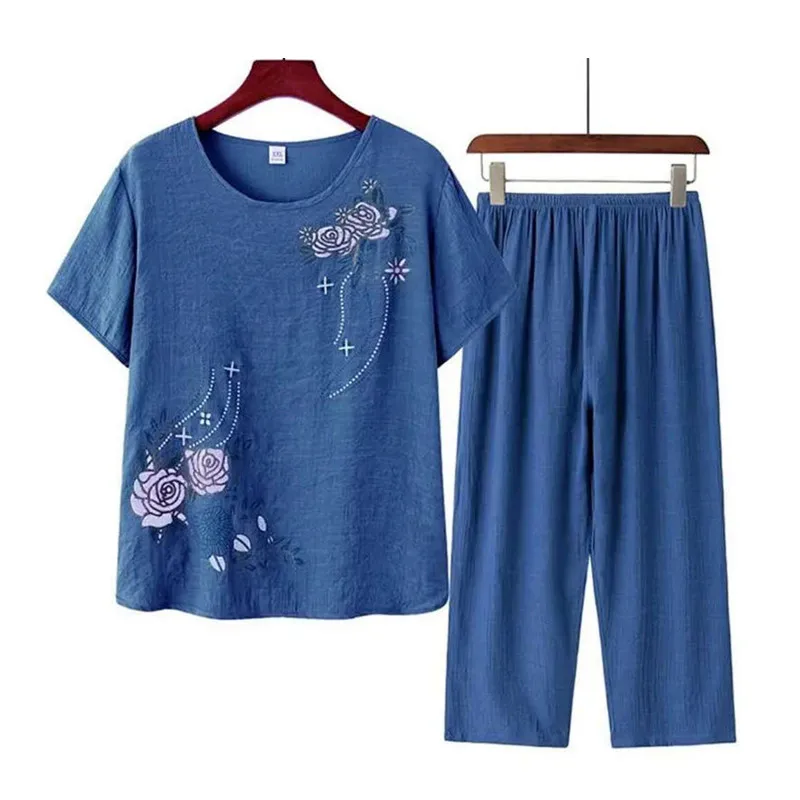 Pajamas for women plus size sleepwear pijamas set cotton linen sleep tops + cropped pants two piece suit new pijama feminino 4XL
