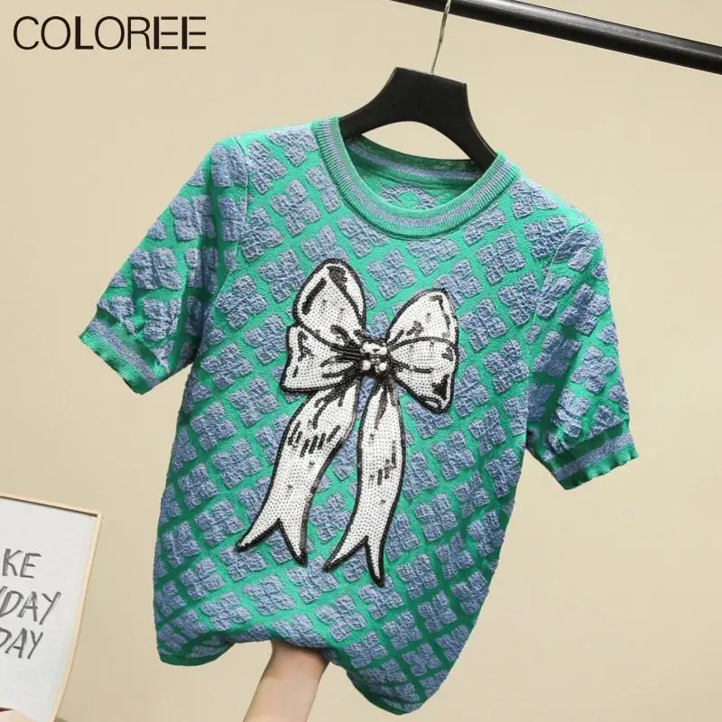 

Korean Fashion Summer Clothes for Women 2021 Summer Elegant Bow Knitted Tops Women 2021 Pink/green Pull Femme