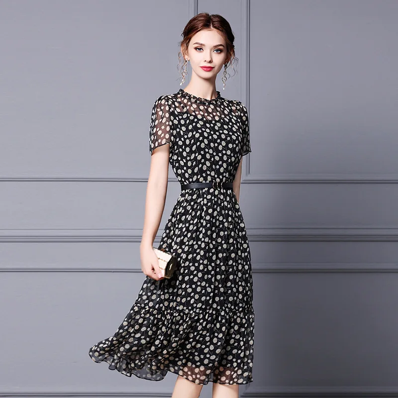 

French 2021 summer new elegant polka dot print Black Slim dress