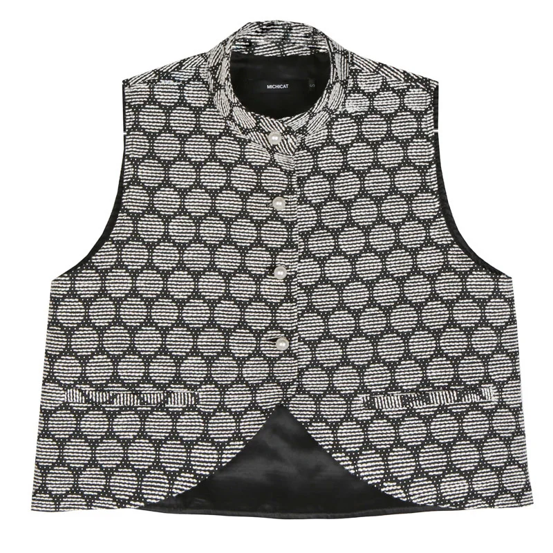 

2020 New Spring Summer Stand Collar Sleeveless Jacquard Irregular Pearled Pocket Hem Loose Vest Women Fashion Tide