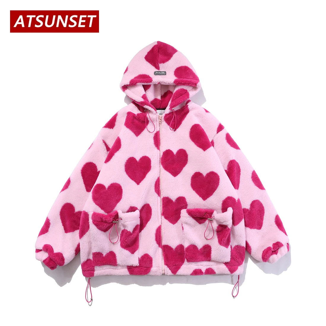 

ATSUNSET Cute Heart-shaped Print Lambswool Winter Jacket Hooded Cotton Coat Thick Warm Harajuku High Street Couple Streetwear