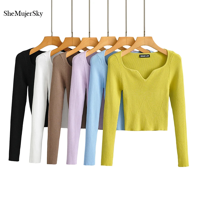 

SheMujerSky Women Long Sleeve Knitted Blouses 2021 Solid Color Elastic Slim Heart Collar Cropped Tops