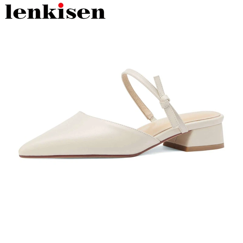 

Lenkisen cow leather pointed toe shallow med heel vacation summer shoes lazy party high street fashion slip on women sandals L33