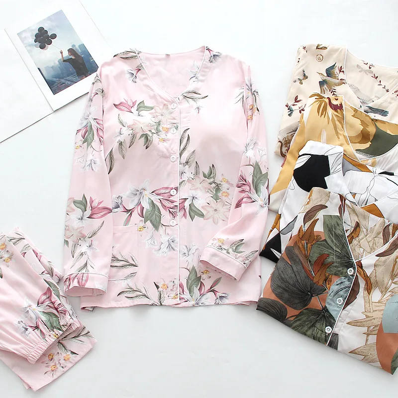 

Пижама с нагрудными подушечками, летний женский комплект из 100% вискозы, тонкий свободный бюстгальтер с длинными рукавами для дома, женский ...