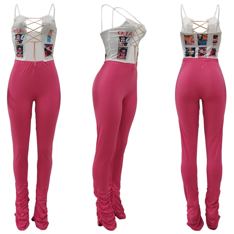 

ZKYZWX Sexy Two Piece Set for Women Sling Strapless Metal Chain Bandage Crop Top Fashion Stacked Leggings Pants Matching Sets