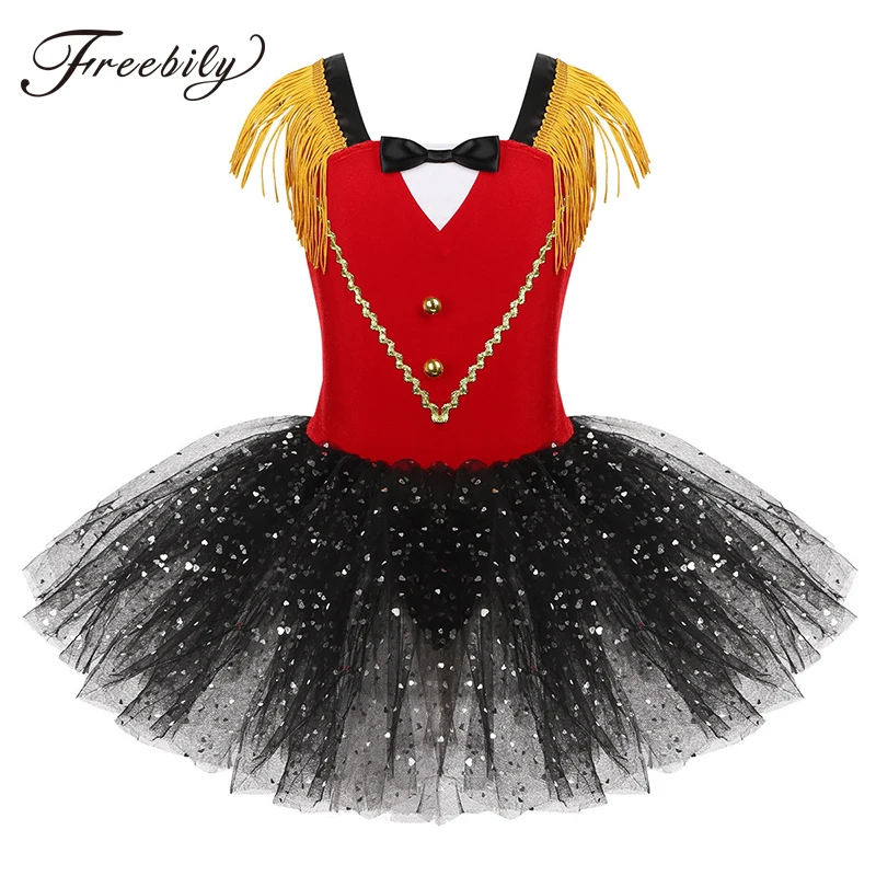 

Kids Girls Halloween Ringmaster Circus Costume Tassel Sequins Mesh Tutu Ballet Dress Gymnastics Leotard Performance Dance Wear