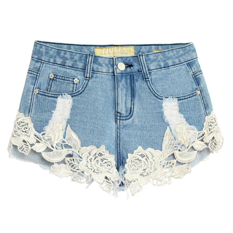 

Lace hook flower hollow show thin shorts hot pants lace stitching perforated jeans