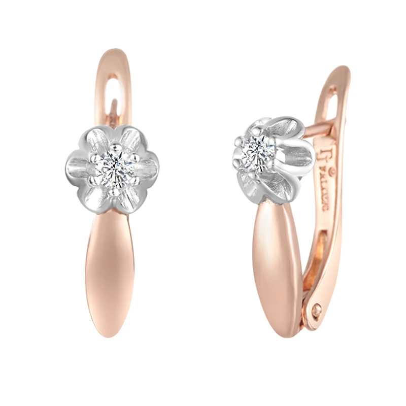 Женские серьги капельки с белыми кристаллами FJ розовое золото 585