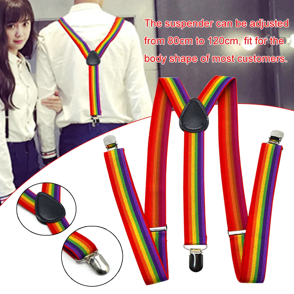 

Women Men Adjustable Fashion Accessories Elastic Adult Anti-drop 3 Clips Y Back Rainbow Suspenders Strap Gift 1.4 In Width