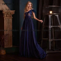yipeisha navy blue bridesmaid dresses long scoop cap sleeves chiffon feathers evening gown lace appliques wedding guest dress
