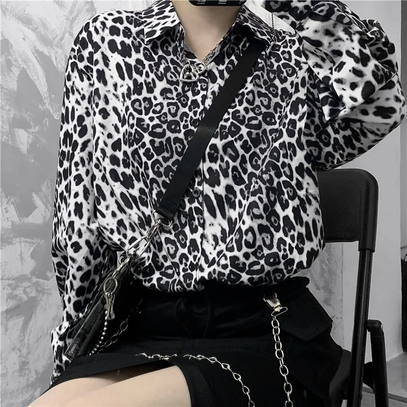 

Spring new shirt all-match Harajuku style leopard print loose retro turn-down collar Korean long sleeve shirts