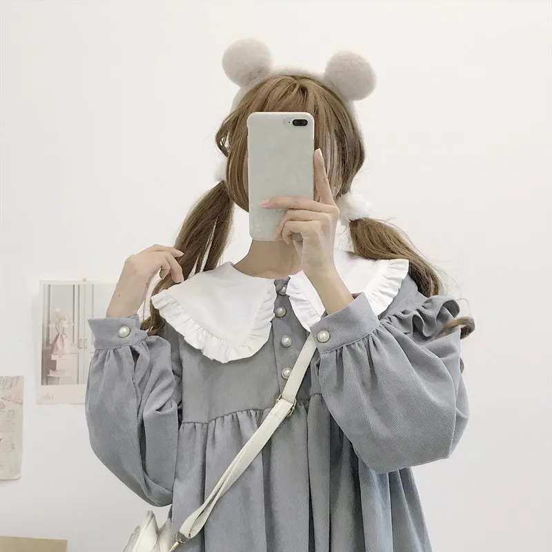 Осенне-зимнее Повседневное платье в стиле Лолиты Kawaii, новое японское милое ретро платье с кукольным воротником, свободное плиссированное платье с длинными рукавами
