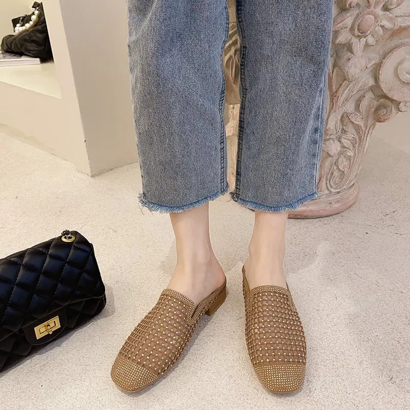 

VMTI 2021 Summer Rhinestone Hollow Low-Heeled Sandals and Slippers Female Wild Woven Half-Drag Female Baotou Hole Women's Shoes