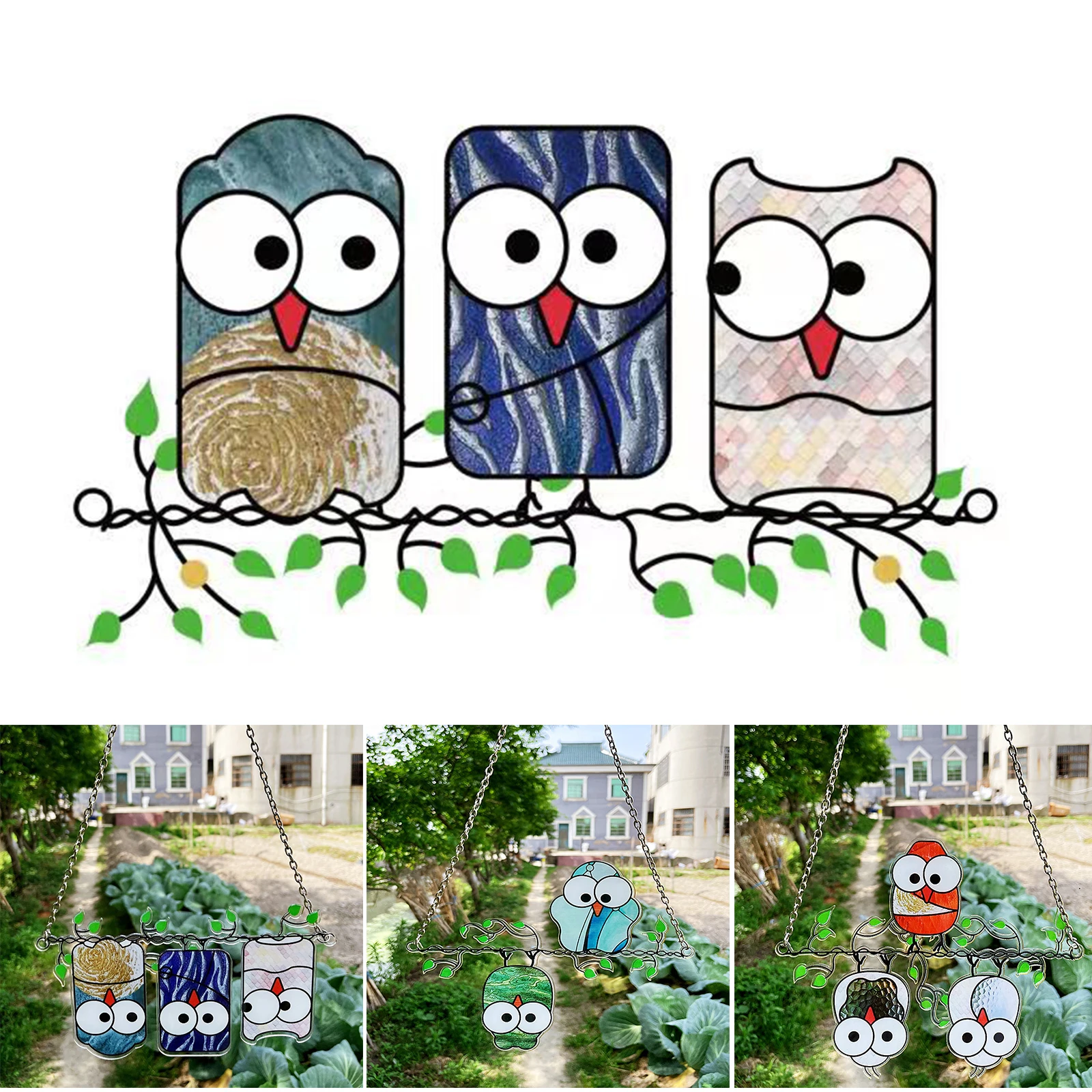 

HOT Bird Series Suncatcher Cartoon Cute Birds with Big Eyes Hanging Wall Ornament Birds on A Wire Home Garden Decoration
