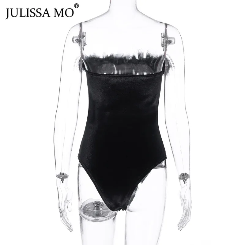 Julissa mo черное искусственное меховое перо Сексуальное Женское боди без рукавов с открытыми плечами женские бархатные без бретелек Клубные Вечерние боди