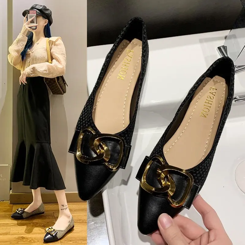 

Casual Shoes Woman Flats Loafers Metal Buckle Women Shoes Slip on Square Low Heels Pointed Toe Shallow Soft Soled Ballet Flats