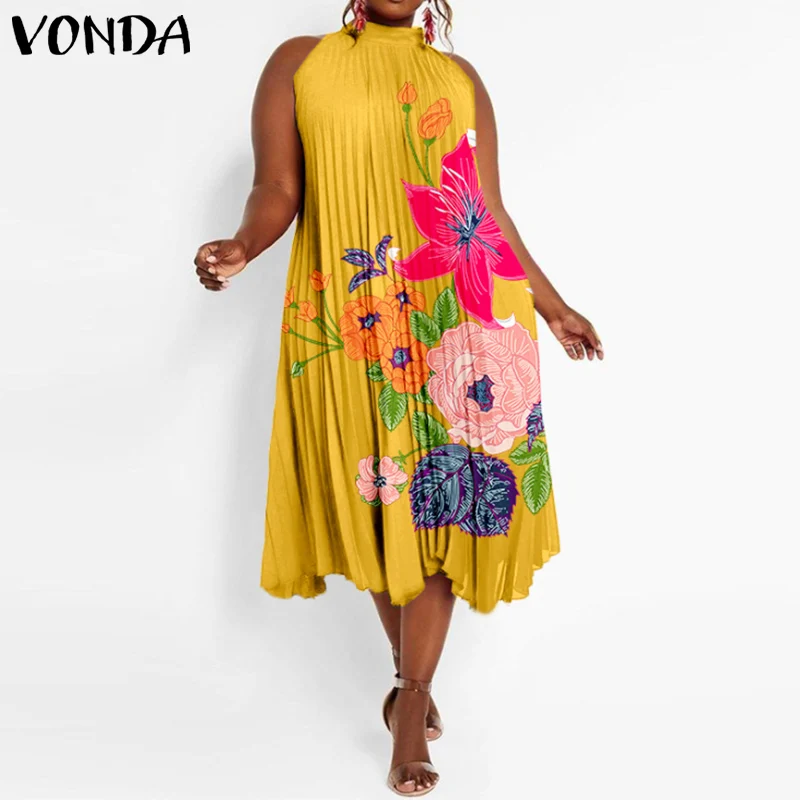 

Women Floral Printed Sundress Summer Beach Pleated Mid-Calf Dress 2021 VONDA Vintage Asymmetric Party Vestido Casual Robe Femme