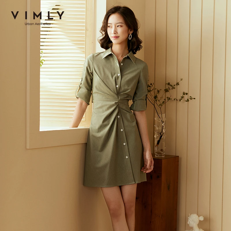 Винтажные женские платья Vimly Элегантное однобортное офисное платье-рубашка с