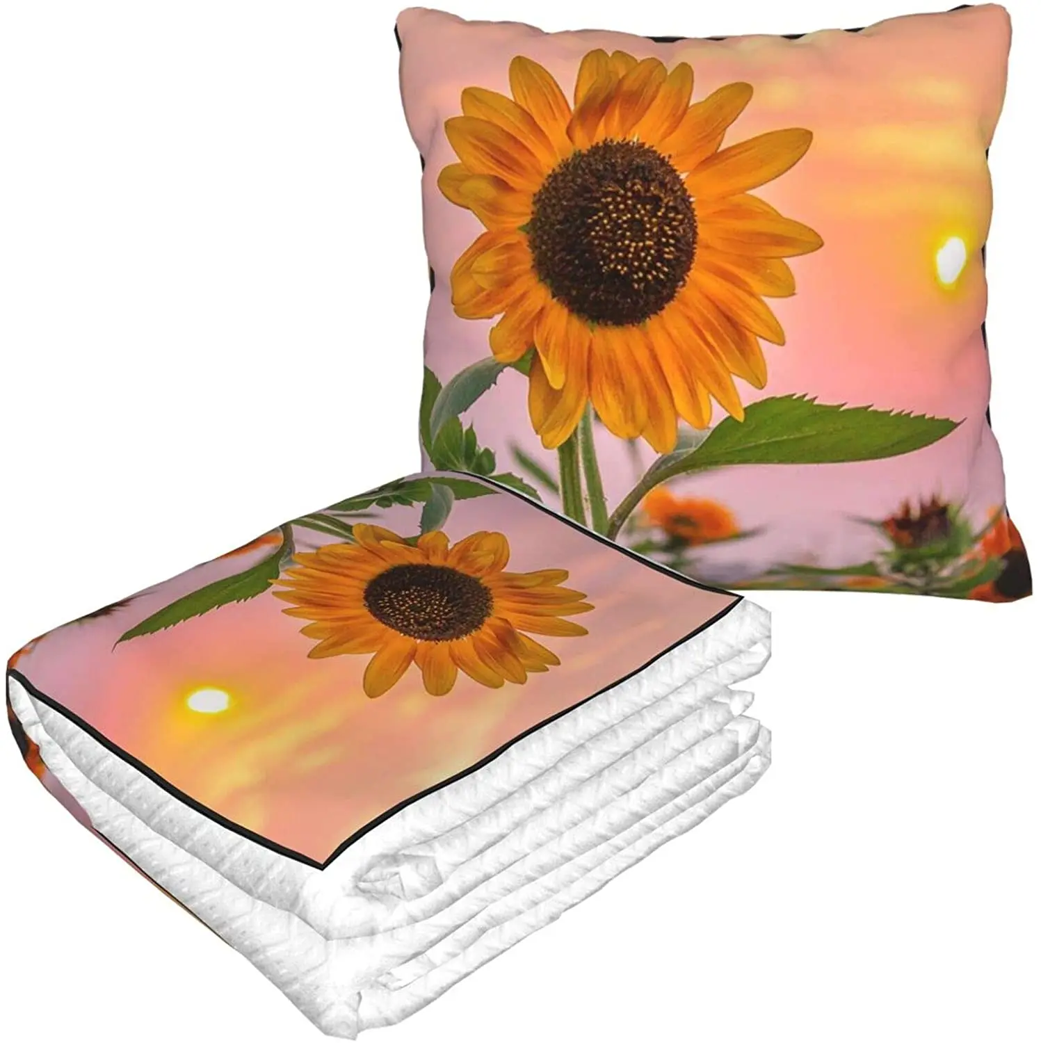 

Sunflower With Sunset Printed Pillow Blanket Comfortable And Soft Flannel Travel Blanket