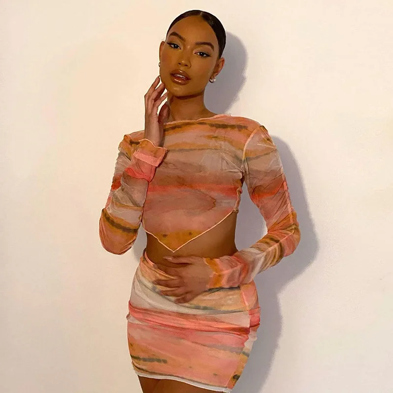 

Женский сетчатый комплект из юбки и блузки, комплект из двух предметов с рукавами в несколько рядов и юбки-корсета