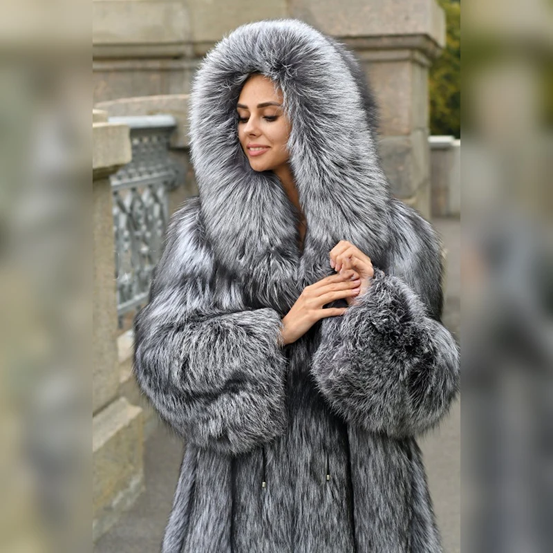 Fashion Medium Length Real Fox Fur Coat With Hood Thick Warm Natural Whole Skin Genuine Silver Fox Fur Coat Trendy Woman Outwear