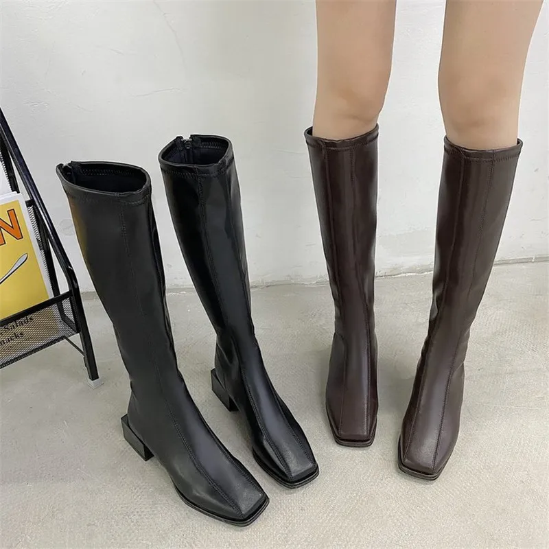 

2021 Women Knee High Boots Female Leather Fetish Zipper Knight Boots Elegant Booties Lady Block Low High Heels White Shoes