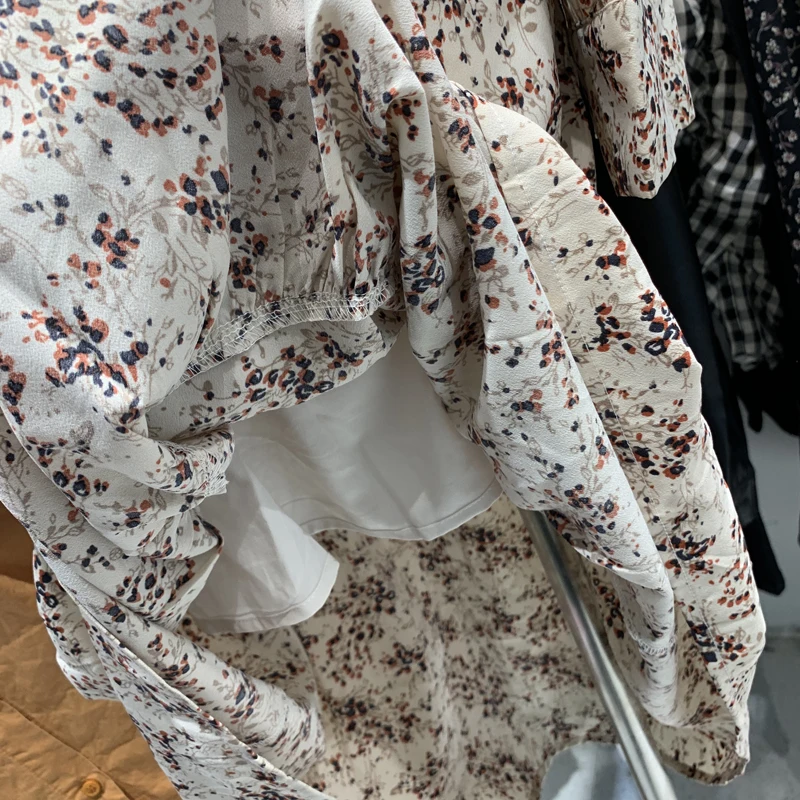 

Korean Sweet Print V-neck Vestido Feminino 2021 New Slim Waist Elegant Woman Dress Spring Long Sleeve All Match Femme Robe