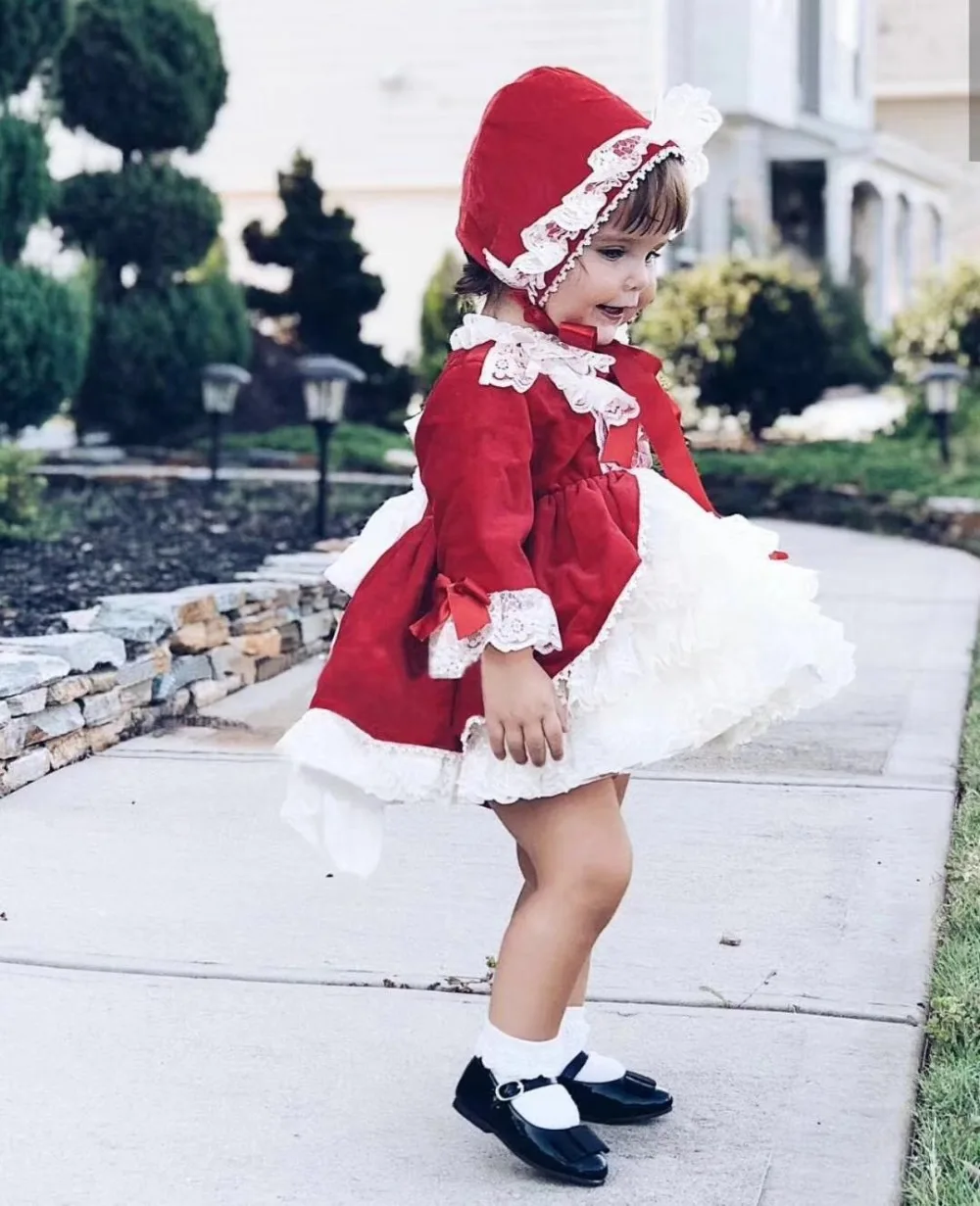 4 шт. винтажное красное бархатное платье с помпонами для девочек | Детская одежда