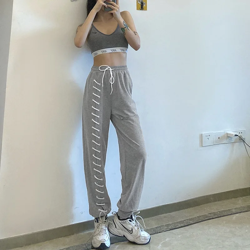 

fashion casual sport straight pant women autumn loose high waist hole street solid trousers lady bandage drawstring fitness pant