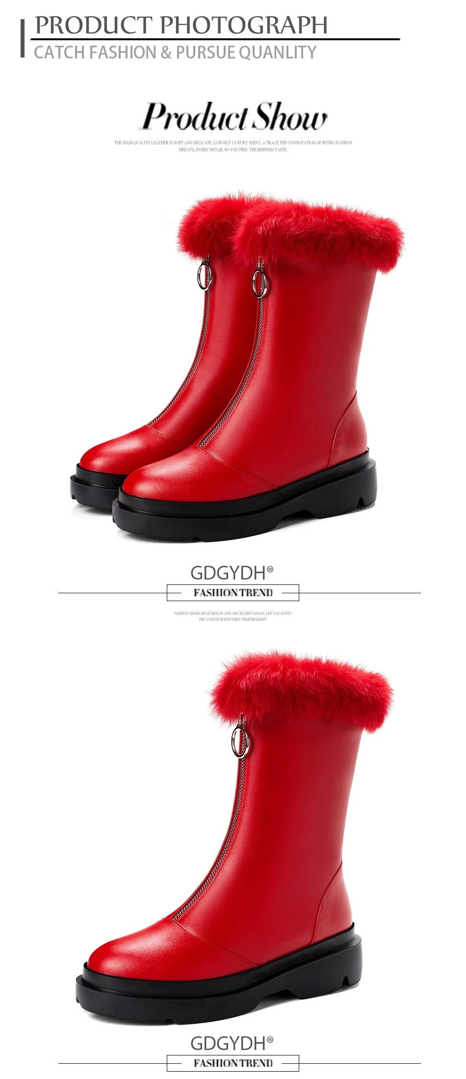 Gdgydh Long Plush Inside Leather PU Snow Boots Plush Boots Women Warm Natural Fur Winter Boots Female With Zipper High Quality