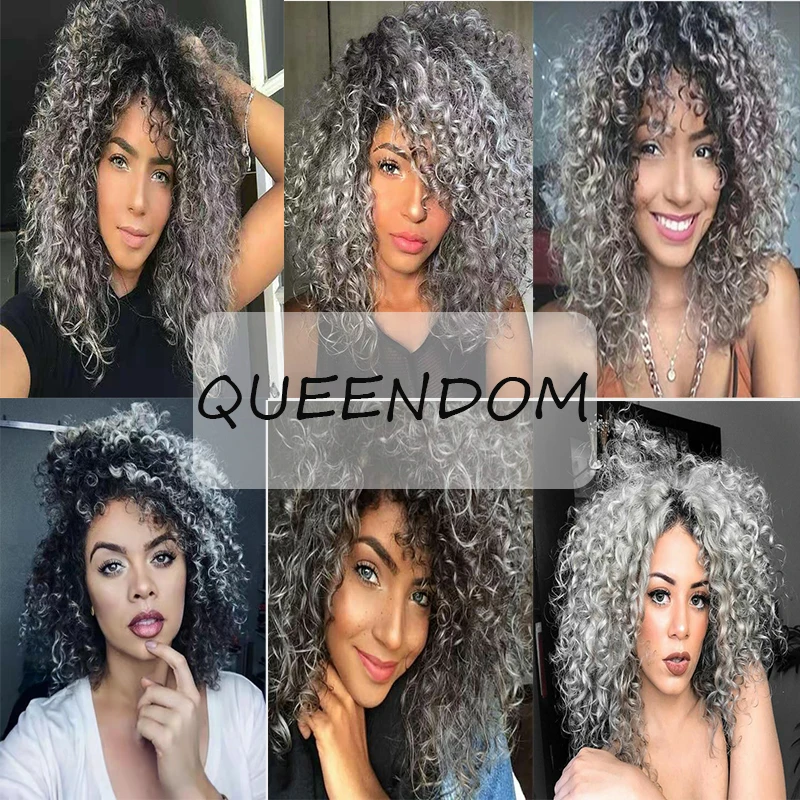 

Silver Grey Short Afro Kinky Curly Bob Wigs for Black Women Ombre Synthetic Afro American Wig Natural Side Part Cosplay Hair Wig