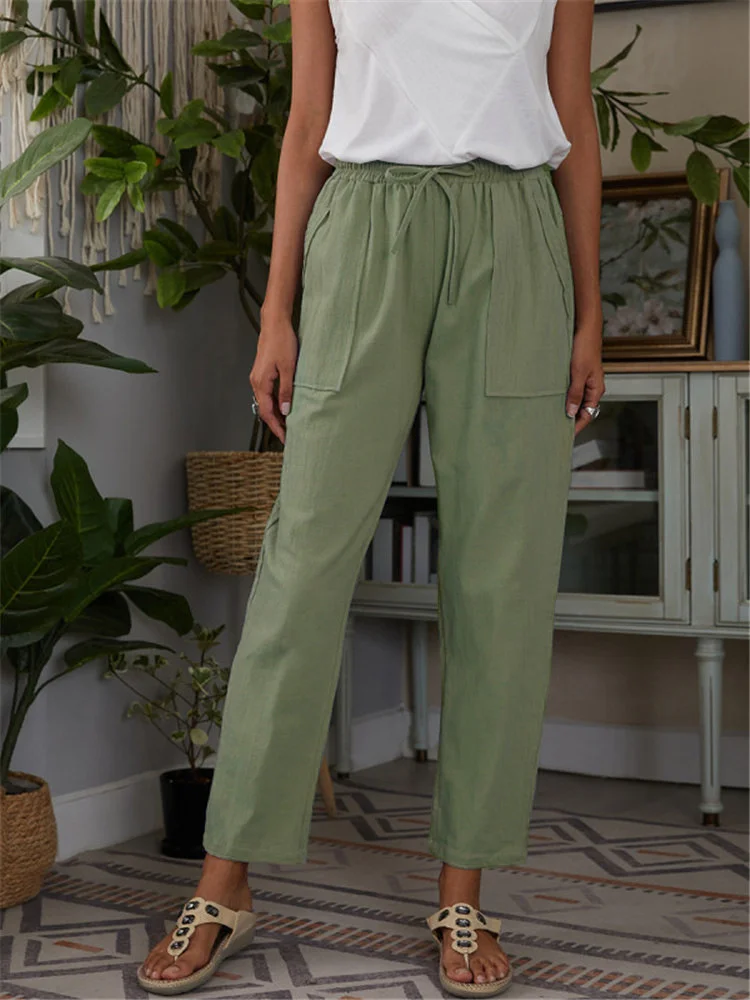

Women Summer Solid Color Big Mouth Bag Elastic Waist Pants Cotton Hemp Loose Women's Casual Pants Female Loose Trousers