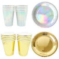 10pcsset gold foil disposable tableware christmas new year party paper plates cups birthday party supplies plastic straws